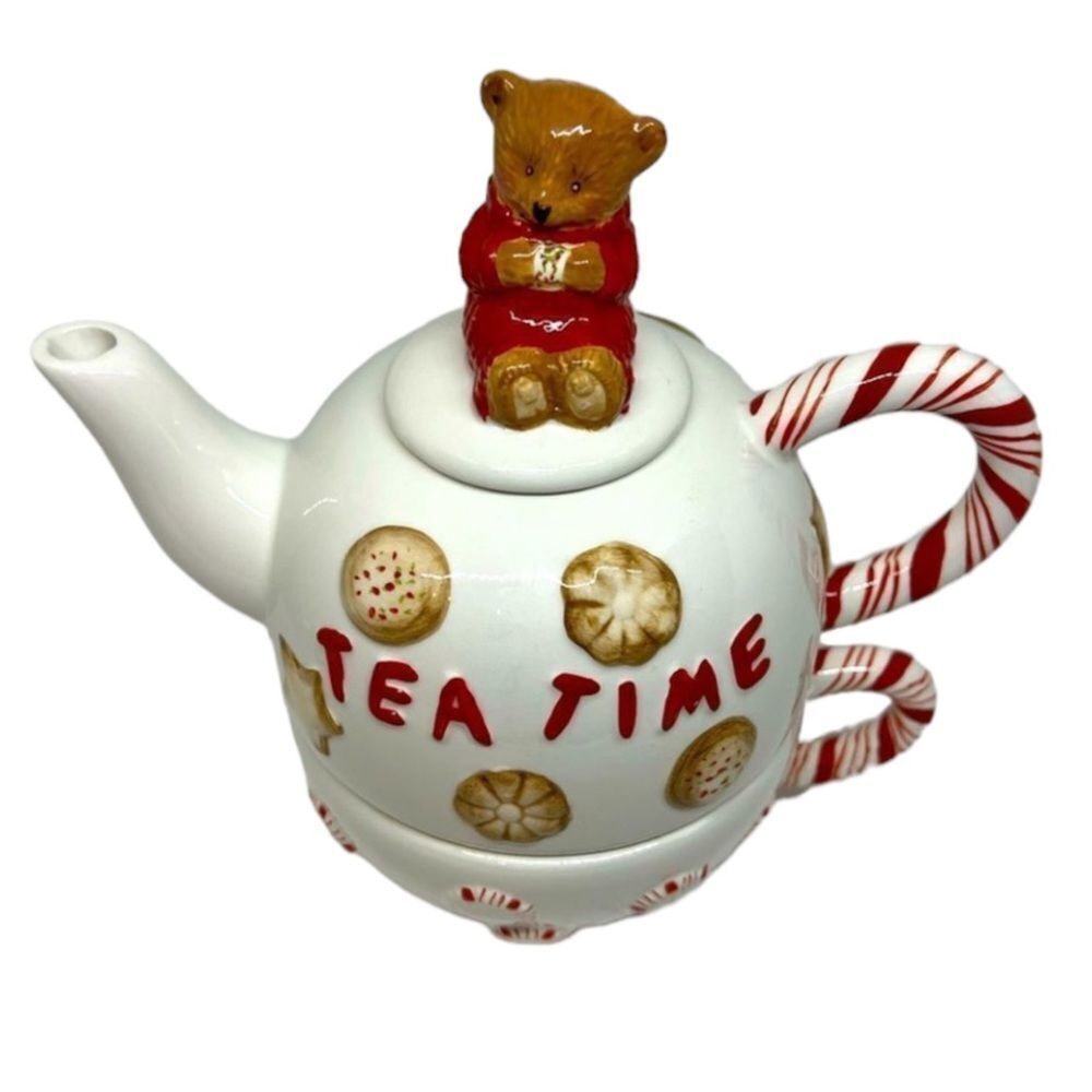 Great Piece! Hallmark Collectible Bear and Cookie White & Red Teapot and Cup Set
